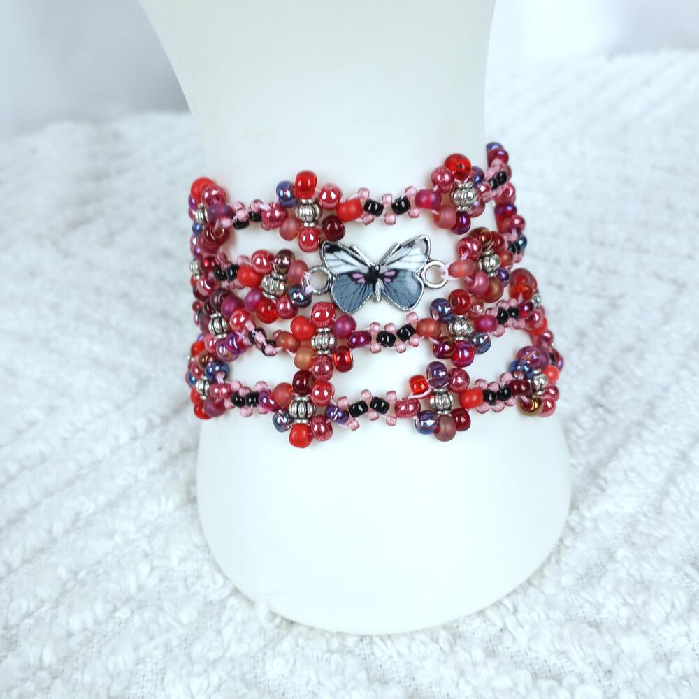 HANDMADE ~ Red Daisies & Butterfly 4 Wrap Bracelet - Picture 2 of 4